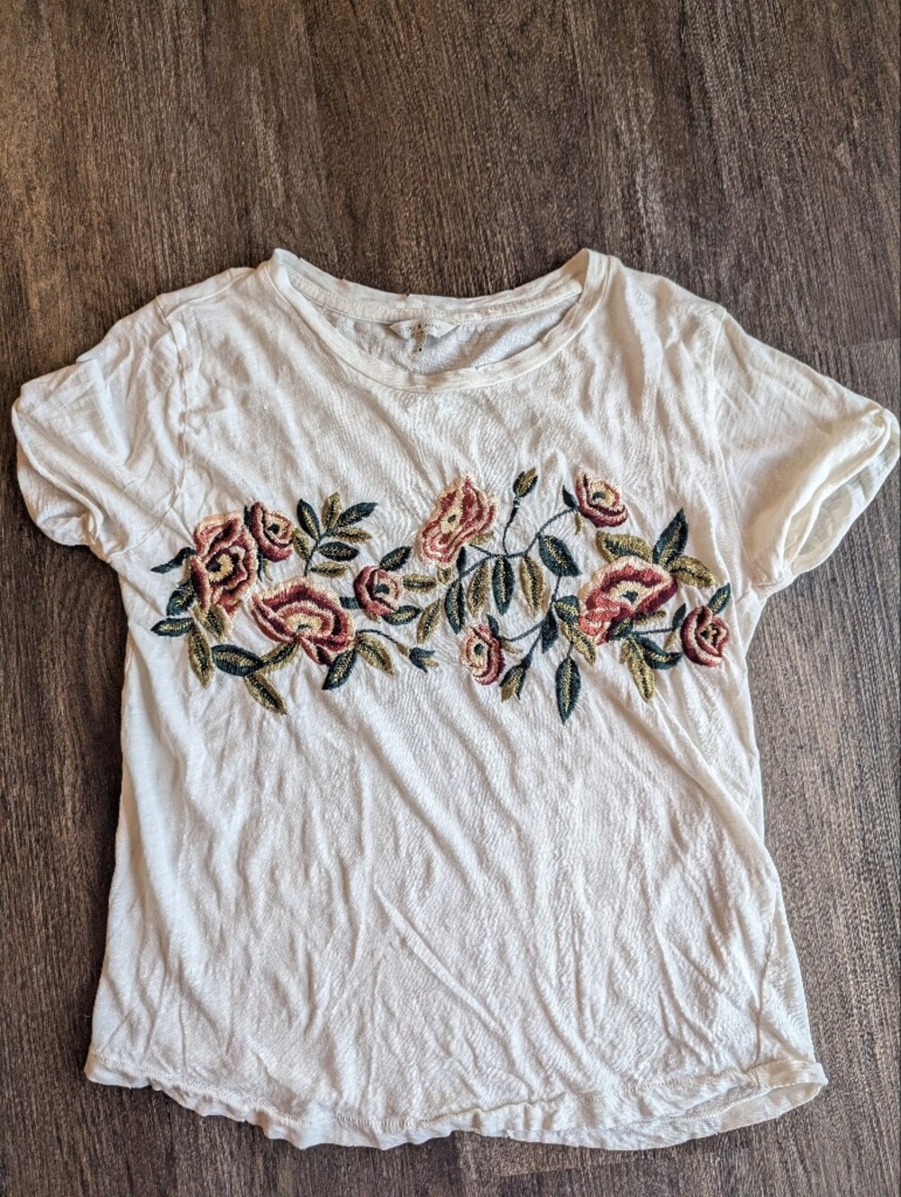Lucky Brand White Short Sleeve Tee with Pink & Green Floral Embroidery Size S